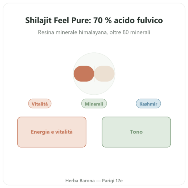 Shilajit puro in capsule di Feel Pure – 70% acido fulvico presentazione Paris Herba Barona