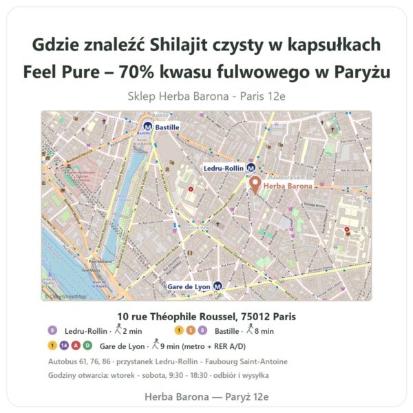 Gdzie znaleźć Shilajit czysty w kapsułkach Feel Pure – 70% kwasu fulwowego w Paryżu - mapa sklepu Herba Barona Paris 12e