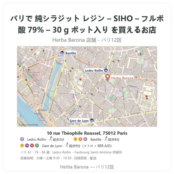 Where to find 純シラジット レジン – SIHO – フルボ酸 79% – 30 g ポット入り in Paris - store map Herba Barona Paris 12e