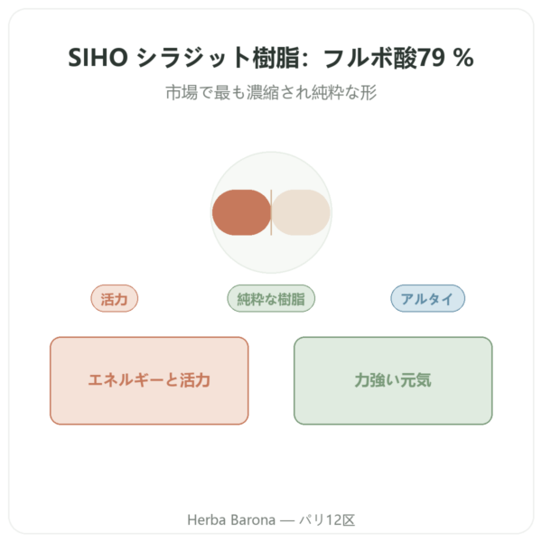 純シラジット レジン – SIHO – フルボ酸 79% – 30 g ポット入り presentation Paris Herba Barona