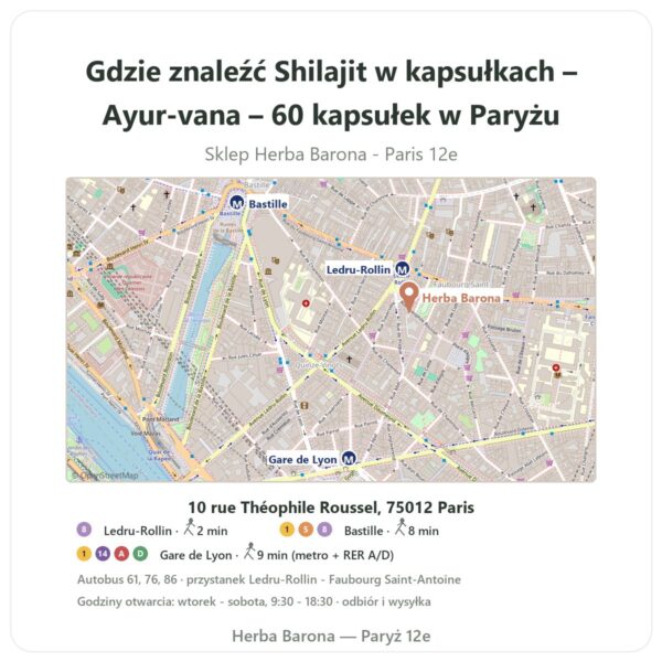 Gdzie znaleźć Shilajit w kapsułkach – Ayur-vana – 60 kapsułek w Paryżu - mapa sklepu Herba Barona Paris 12e