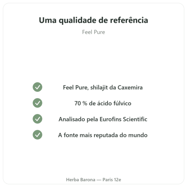 Shilajit puro em cápsulas Feel Pure – 70% ácido fúlvico qualidade Paris Herba Barona