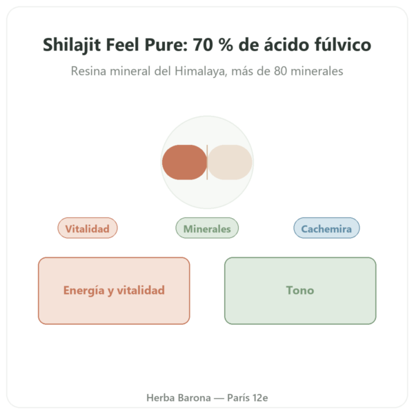 Shilajit Puro en Cápsulas Feel Pure – 70% Ácido Fúlvico presentación Paris Herba Barona