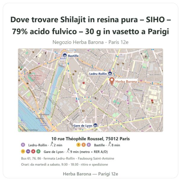 Dove trovare Shilajit in resina pura – SIHO – 79% acido fulvico – 30 g in vasetto a Parigi - mappa del negozio Herba Barona Paris 12e