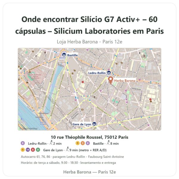 Onde encontrar Silício G7 Activ+ – 60 cápsulas – Silicium Laboratories em Paris - mapa da loja Herba Barona Paris 12e