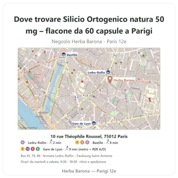 Dove trovare Silicio Ortogenico natura 50 mg – flacone da 60 capsule a Parigi - mappa del negozio Herba Barona Paris 12e