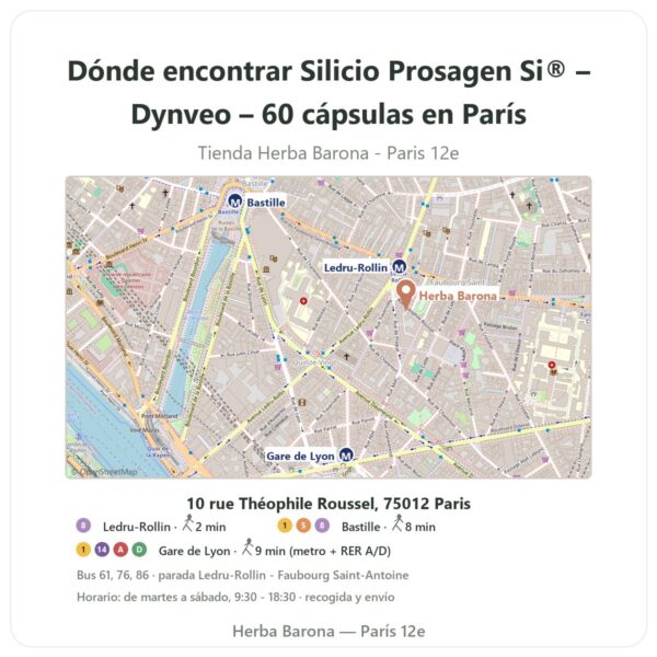 Dónde encontrar Silicio Prosagen Si® – Dynveo – 60 cápsulas en París - plano de la tienda Herba Barona Paris 12e