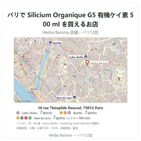 Where to find Silicium Organique G5 有機ケイ素 500 ml in Paris - store map Herba Barona Paris 12e