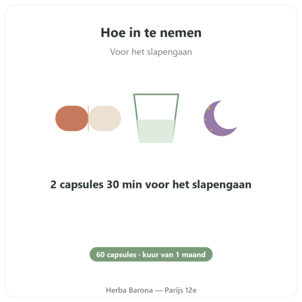 Slaap 6 – Dynveo – Inslapen & Herstellende Slaap – 60 capsules gebruiksaanwijzing en dosering Paris Herba Barona