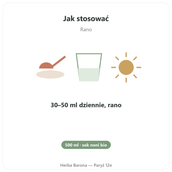 Sok z Noni Hawajski Bio – SFB – 500 ml sposób użycia i dawkowanie Paris Herba Barona