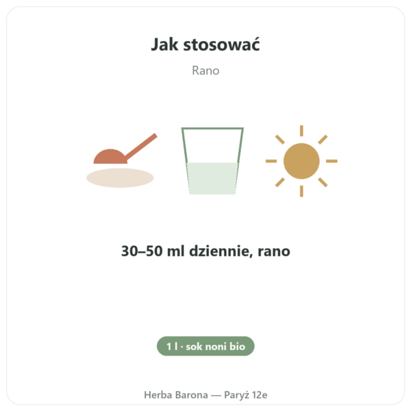 Sok z Noni z Tahiti bio 1 litr w Paryżu sposób użycia i dawkowanie Paris Herba Barona