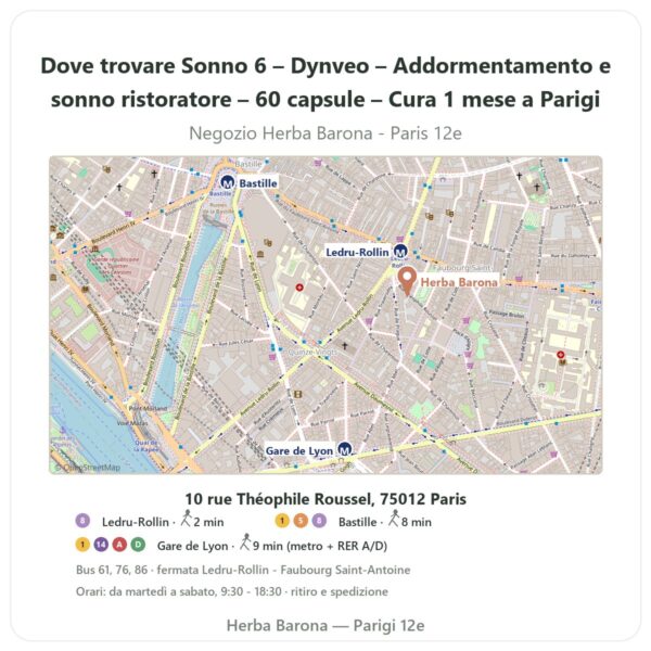 Dove trovare Sonno 6 – Dynveo – Addormentamento e sonno ristoratore – 60 capsule – Cura 1 mese a Parigi - mappa del negozio Herba Barona Paris 12e