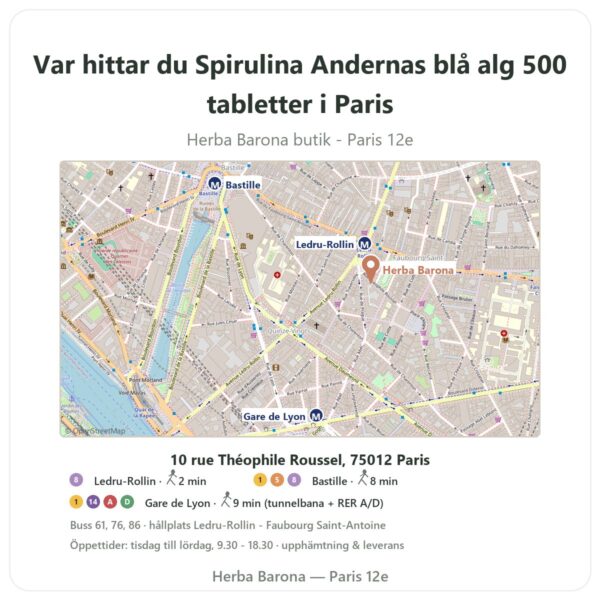 Var hittar du Spirulina Andernas blå alg 500 tabletter i Paris - butikskarta Herba Barona Paris 12e
