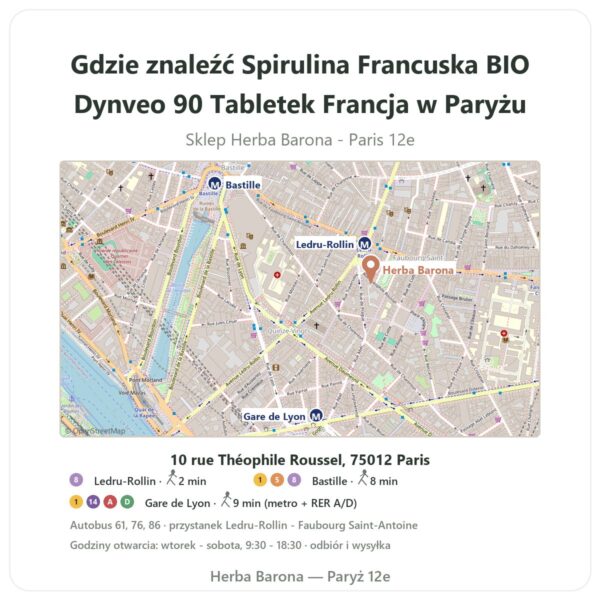 Gdzie znaleźć Spirulina Francuska BIO Dynveo 90 Tabletek Francja w Paryżu - mapa sklepu Herba Barona Paris 12e