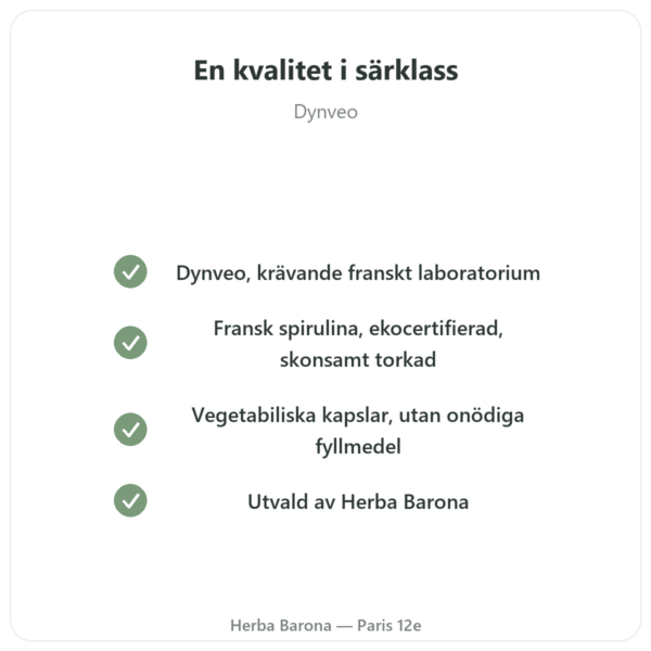 Fransk spirulina EKO – Dynveo – 200 tabletter kvalitet Paris Herba Barona