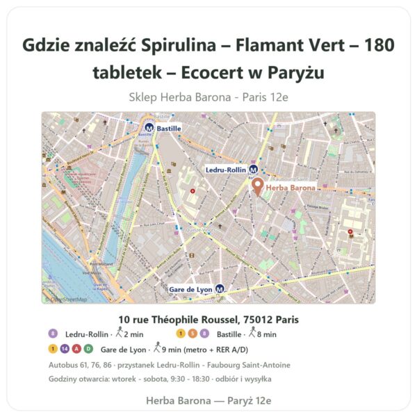 Gdzie znaleźć Spirulina – Flamant Vert – 180 tabletek – Ecocert w Paryżu - mapa sklepu Herba Barona Paris 12e