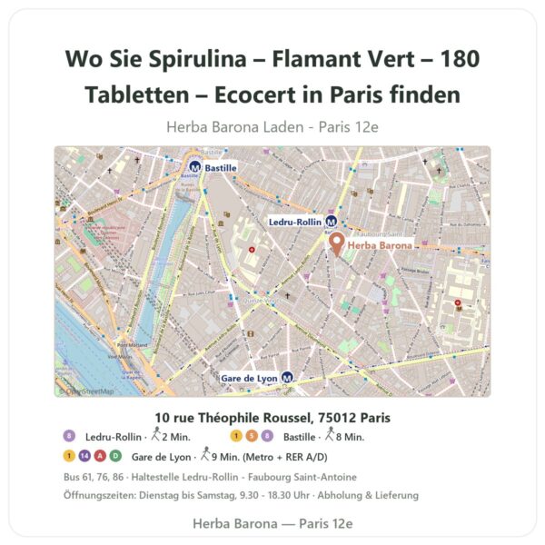 Wo finden Sie Spirulina – Flamant Vert – 180 Tabletten – Ecocert in Paris - Ladenplan Herba Barona Paris 12e