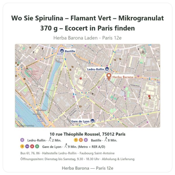 Wo finden Sie Spirulina – Flamant Vert – Mikrogranulat 370 g – Ecocert in Paris - Ladenplan Herba Barona Paris 12e