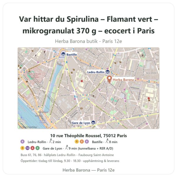 Var hittar du Spirulina – Flamant vert – mikrogranulat 370 g – ecocert i Paris - butikskarta Herba Barona Paris 12e