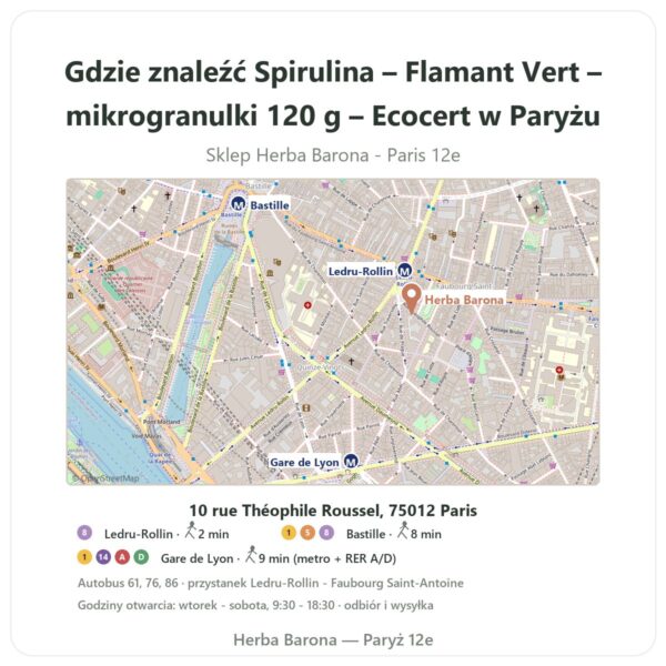 Gdzie znaleźć Spirulina – Flamant Vert – mikrogranulki 120 g – Ecocert w Paryżu - mapa sklepu Herba Barona Paris 12e
