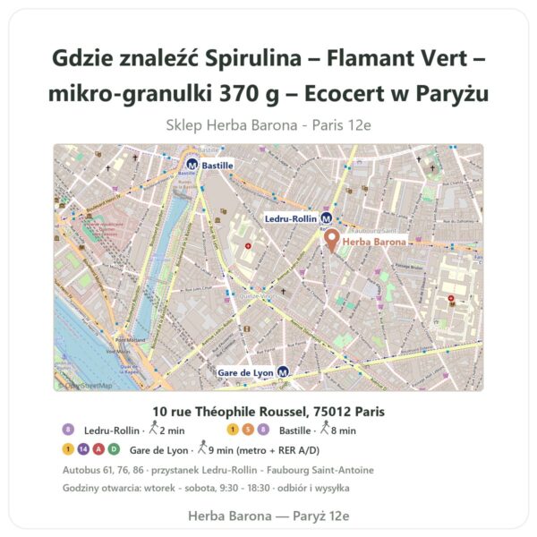 Gdzie znaleźć Spirulina – Flamant Vert – mikro-granulki 370 g – Ecocert w Paryżu - mapa sklepu Herba Barona Paris 12e