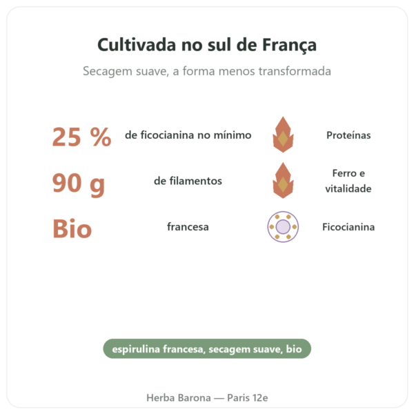 Spirulina Francesa BIO – Dynveo – Filamentos 90 g benefícios e dados principais Paris Herba Barona