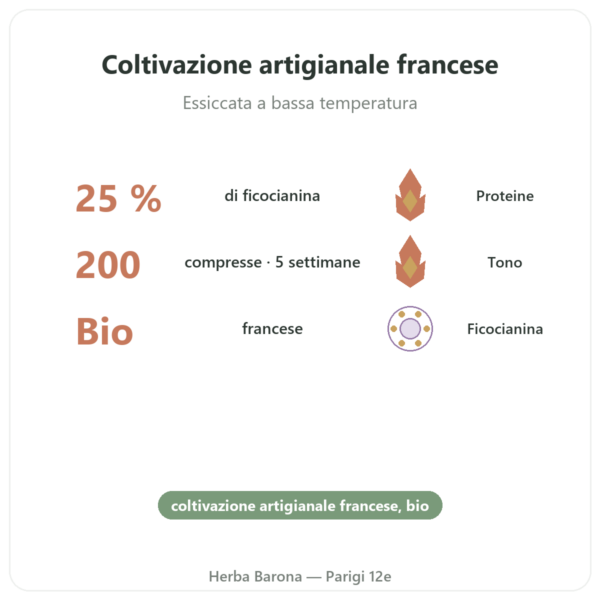 Spirulina Francese BIO – Dynveo – 200 compresse benefici e dati chiave Paris Herba Barona