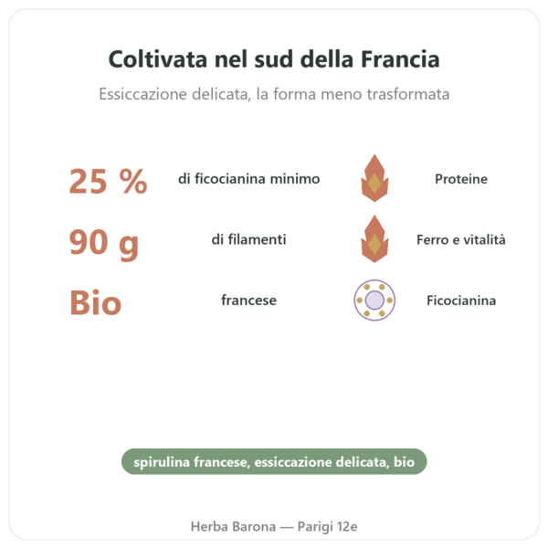 Spirulina Francese BIO – Dynveo – Fiocchi 90 g benefici e dati chiave Paris Herba Barona