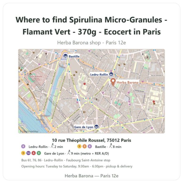 Where to find Spirulina Micro-Granules - Flamant Vert - 370g - Ecocert in Paris - store map Herba Barona Paris 12e