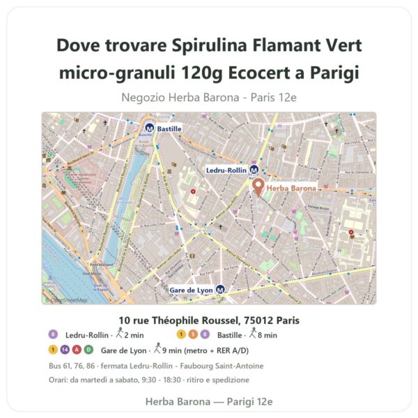 Dove trovare Spirulina Flamant Vert micro-granuli 120g Ecocert a Parigi - mappa del negozio Herba Barona Paris 12e