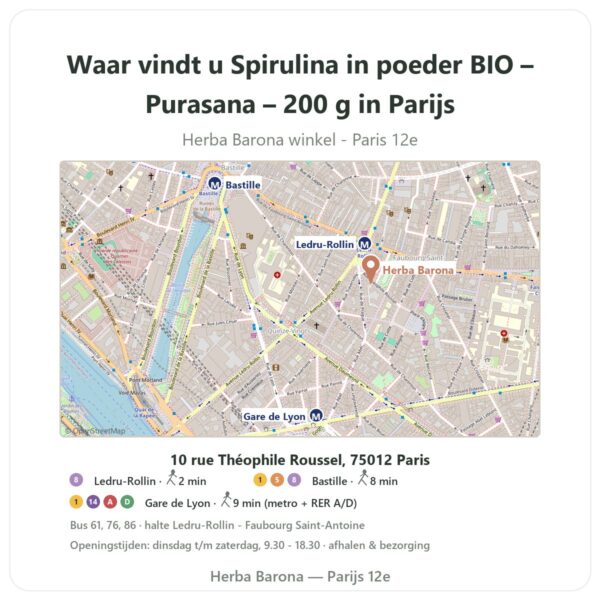 Waar vindt u Spirulina in poeder BIO – Purasana – 200 g in Parijs - winkelplattegrond Herba Barona Paris 12e
