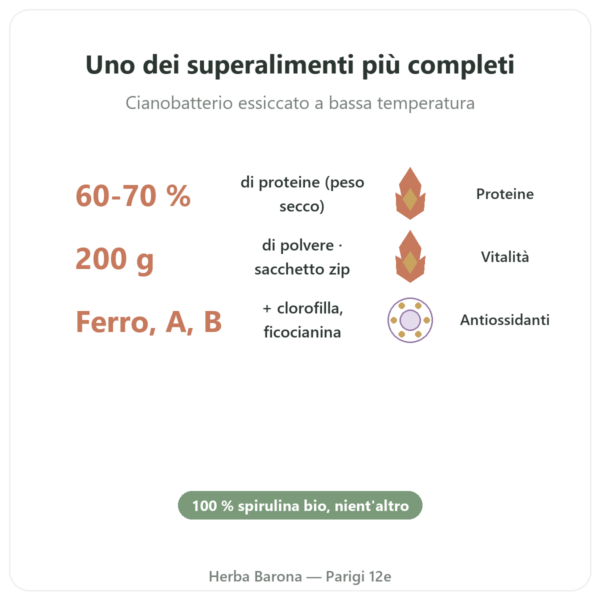 Spirulina in Polvere Bio – Purasana – 200 g benefici e dati chiave Paris Herba Barona
