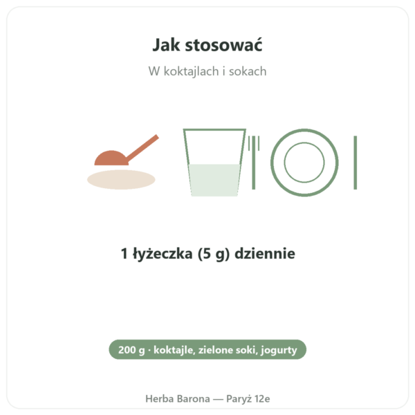 Spirulina w proszku BIO – Purasana – 200 g sposób użycia i dawkowanie Paris Herba Barona