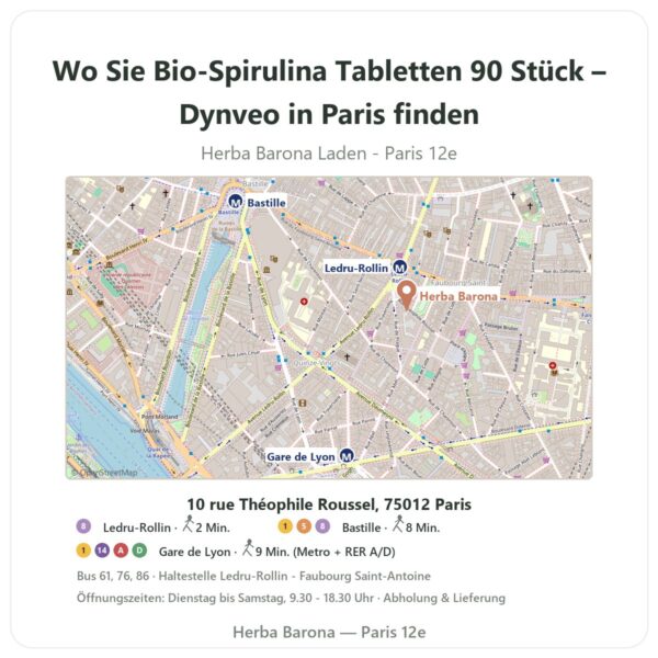 Wo finden Sie Bio-Spirulina Tabletten 90 Stück – Dynveo in Paris - Ladenplan Herba Barona Paris 12e