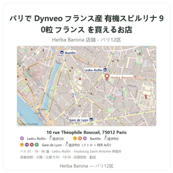 Where to find Dynveo フランス産 有機スピルリナ 90粒 フランス in Paris - store map Herba Barona Paris 12e