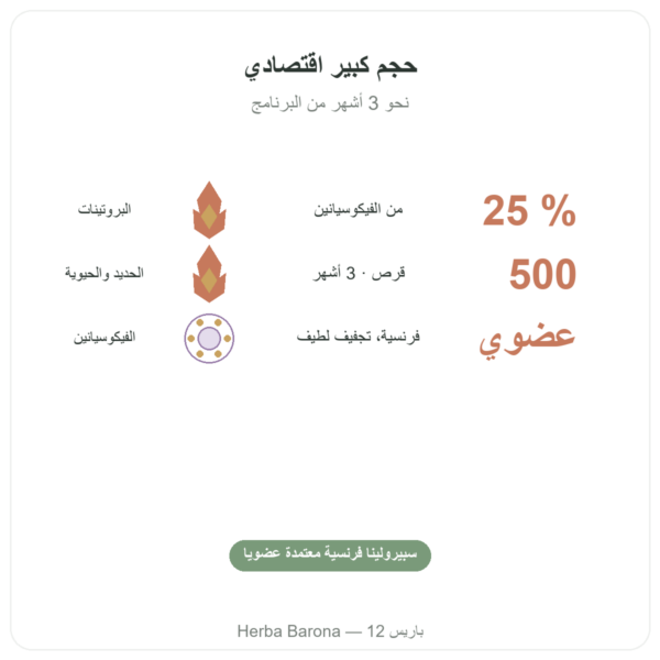 سبيرولينا فرنسية عضوية – Dynveo – 500 قرص الفوائد والمعطيات الرئيسية Paris Herba Barona