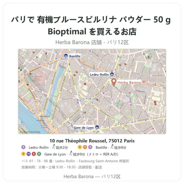 Where to find 有機ブルースピルリナ パウダー 50 g Bioptimal in Paris - store map Herba Barona Paris 12e