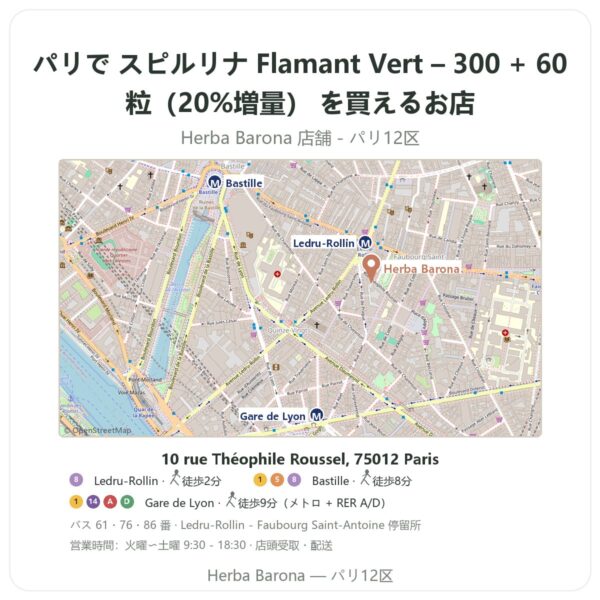 Where to find スピルリナ Flamant Vert – 300 + 60粒(20%増量) in Paris - store map Herba Barona Paris 12e