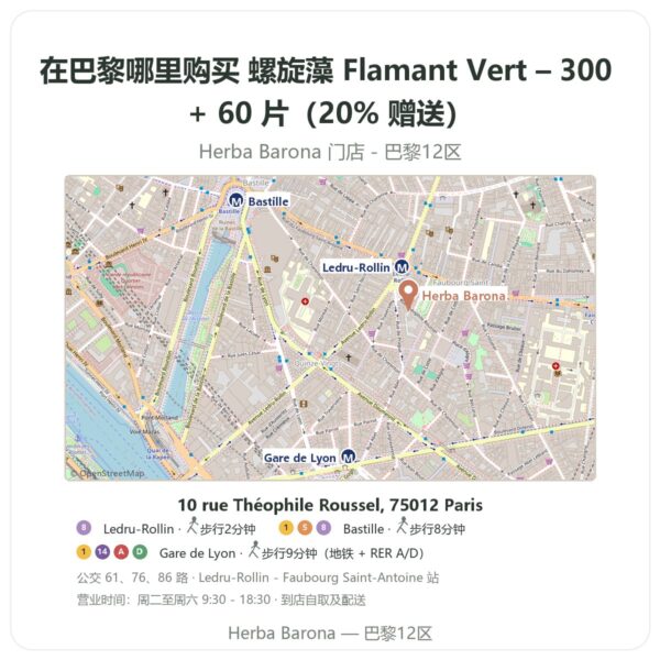 螺旋藻 Flamant Vert – 300 + 60 片(20% 赠送) 巴黎哪里能买到 - 门店地图 Herba Barona Paris 12e