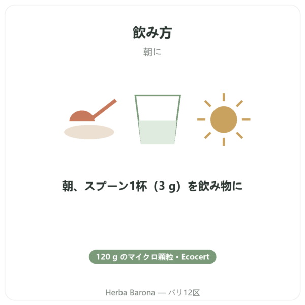 スピルリナ – Flamant Vert – マイクログラニュール 120 g – Ecocert directions and dosage Paris Herba Barona