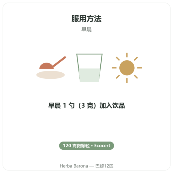 螺旋藻 – Flamant vert – 微颗粒 120 g – ecocert 使用方法与建议剂量 Paris Herba Barona