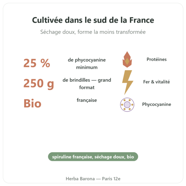 Spiruline Française BIO Dynveo Brindilles 250g bienfaits et chiffres Paris Herba Barona