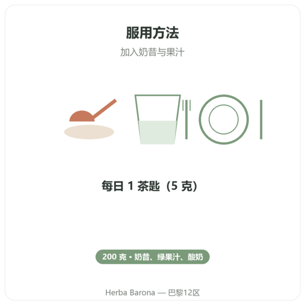 螺旋藻有机粉末 – Purasana – 200克 使用方法与建议剂量 Paris Herba Barona