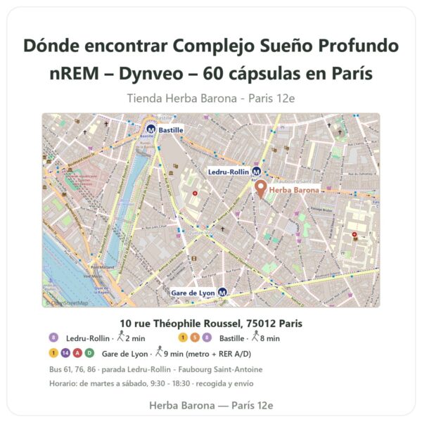 Dónde encontrar Complejo Sueño Profundo nREM – Dynveo – 60 cápsulas en París - plano de la tienda Herba Barona Paris 12e