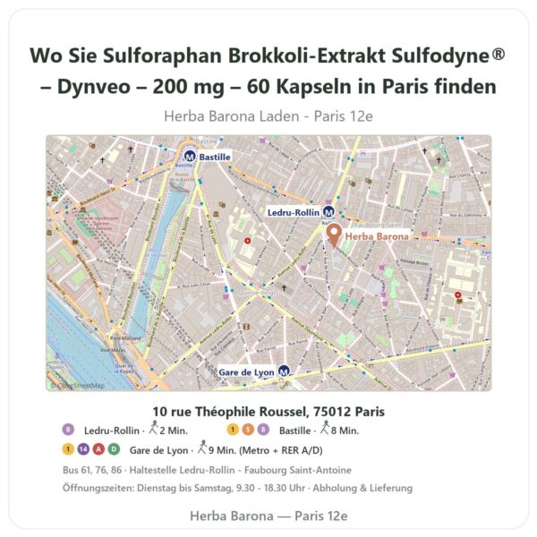 Wo finden Sie Sulforaphan Brokkoli-Extrakt Sulfodyne® – Dynveo – 200 mg – 60 Kapseln in Paris - Ladenplan Herba Barona Paris 12e