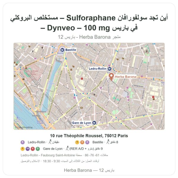 أين تجد سولفورافان Sulforaphane – مستخلص البروكلي – Dynveo – 100 mg في باريس - خريطة المتجر Herba Barona Paris 12e