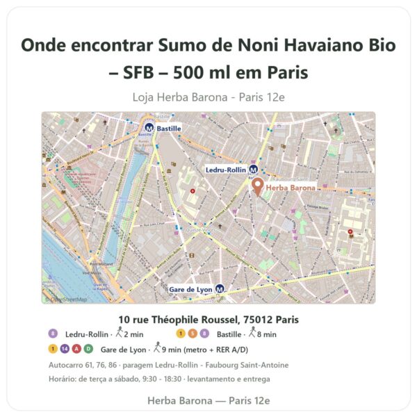 Onde encontrar Sumo de Noni Havaiano Bio – SFB – 500 ml em Paris - mapa da loja Herba Barona Paris 12e