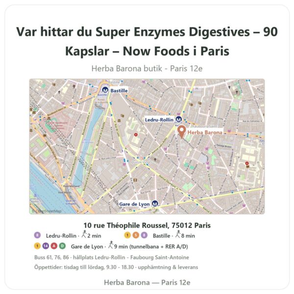 Var hittar du Super Enzymes Digestives – 90 Kapslar – Now Foods i Paris - butikskarta Herba Barona Paris 12e