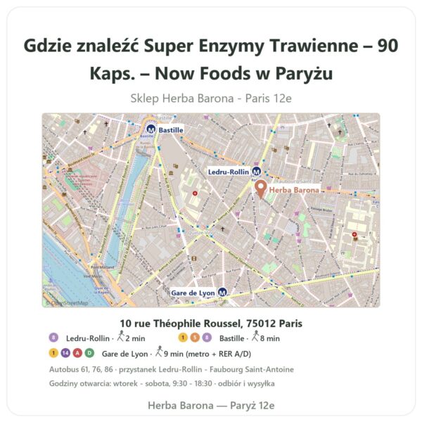 Gdzie znaleźć Super Enzymy Trawienne – 90 Kaps. – Now Foods w Paryżu - mapa sklepu Herba Barona Paris 12e