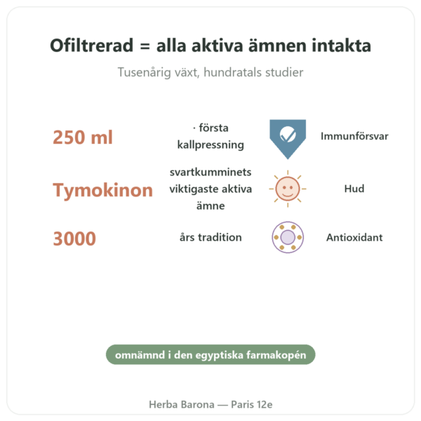 Svartkumminolja EKO ofiltrerad 250 ml – Krauterland fördelar och nyckelfakta Paris Herba Barona